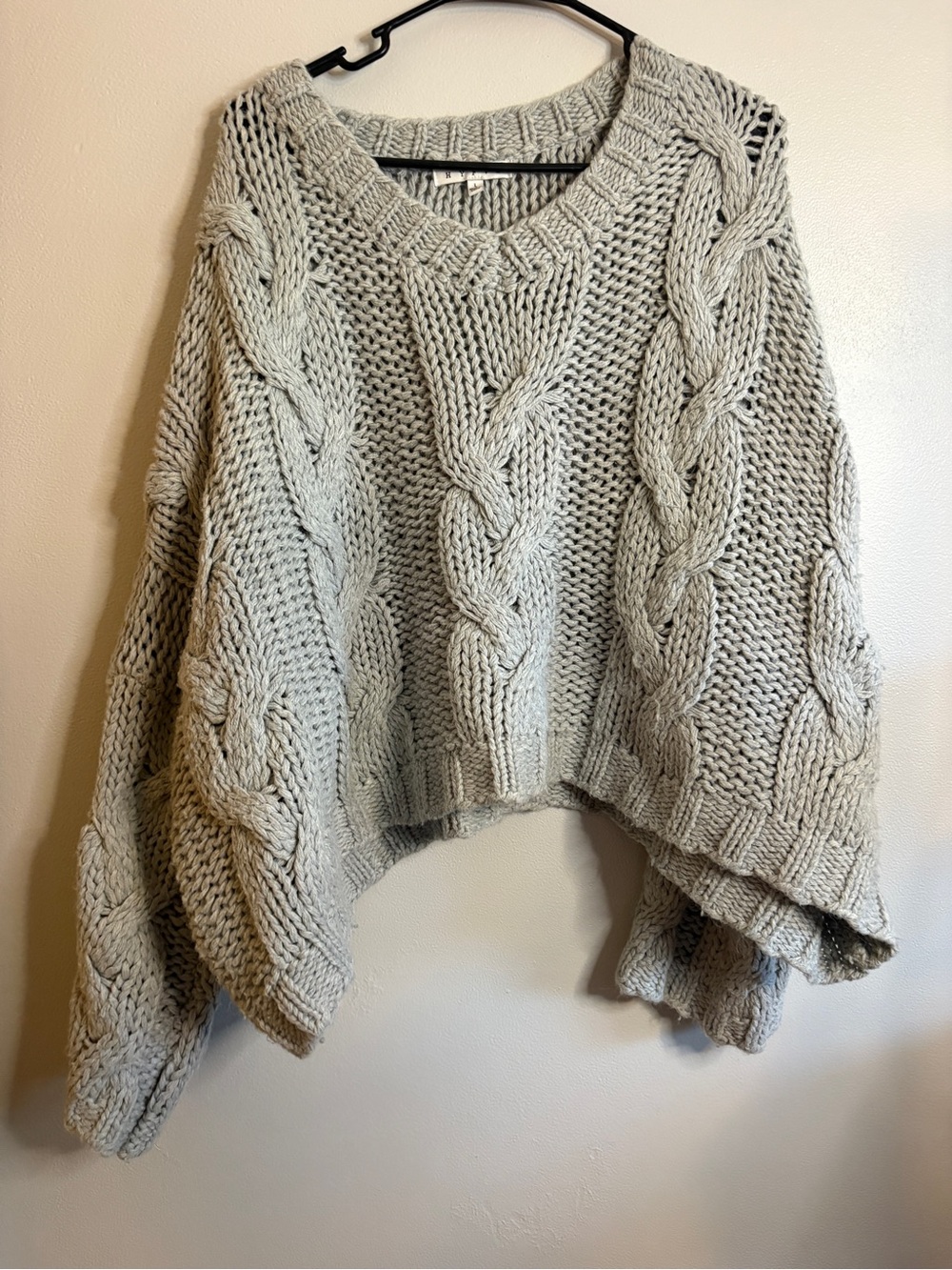 HYFVE Oversized Cable Knit V-Neck Sweater in Light Gray